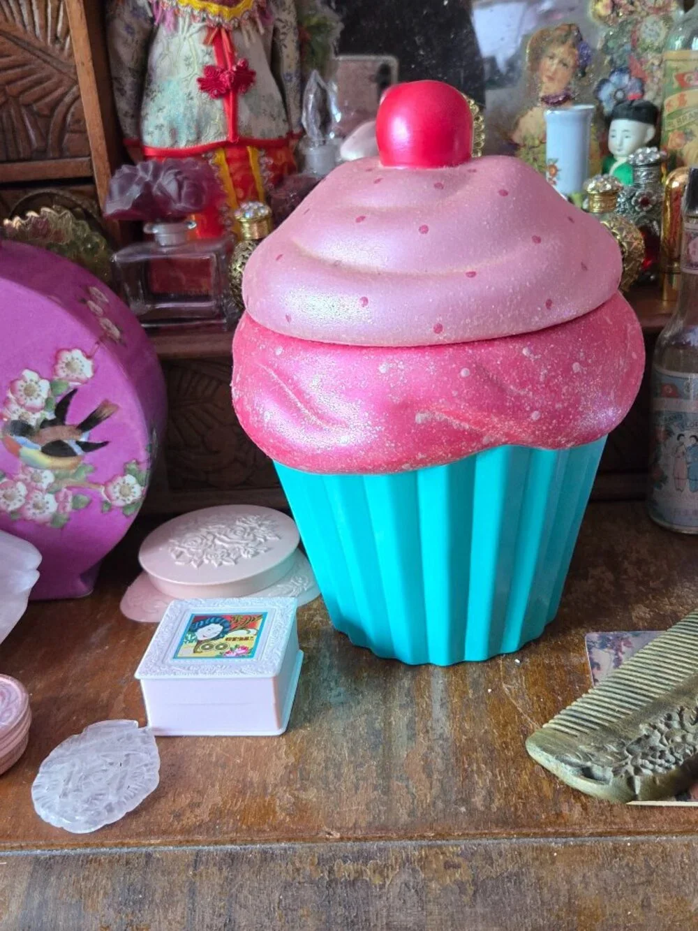Handmade Cupcake Canister Pink & Blue Whimsy Decora Kidcore Colorful Gift
